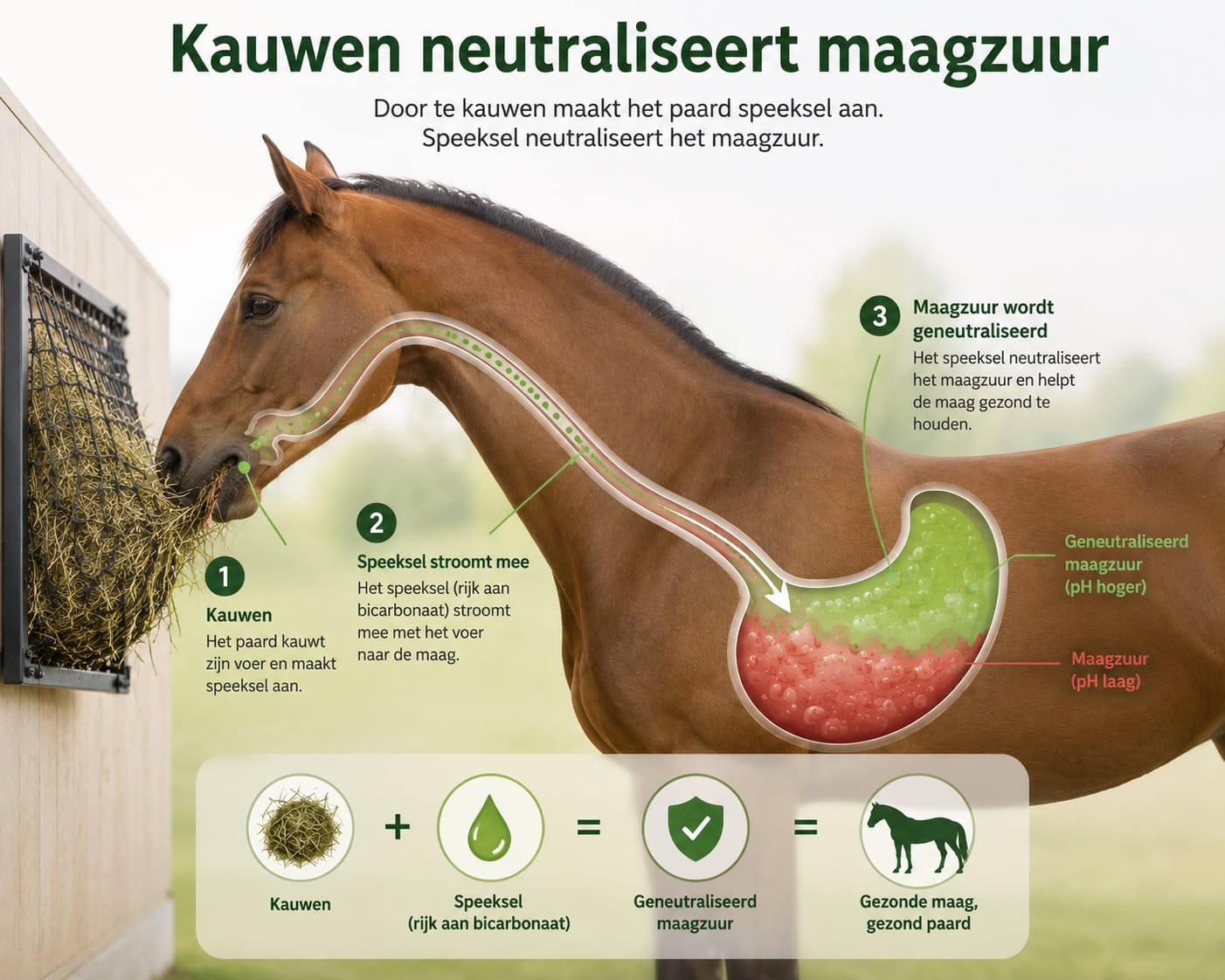 Infographic: kauwen zorgt voor speeksel dat maagzuur neutraliseert bij paarden